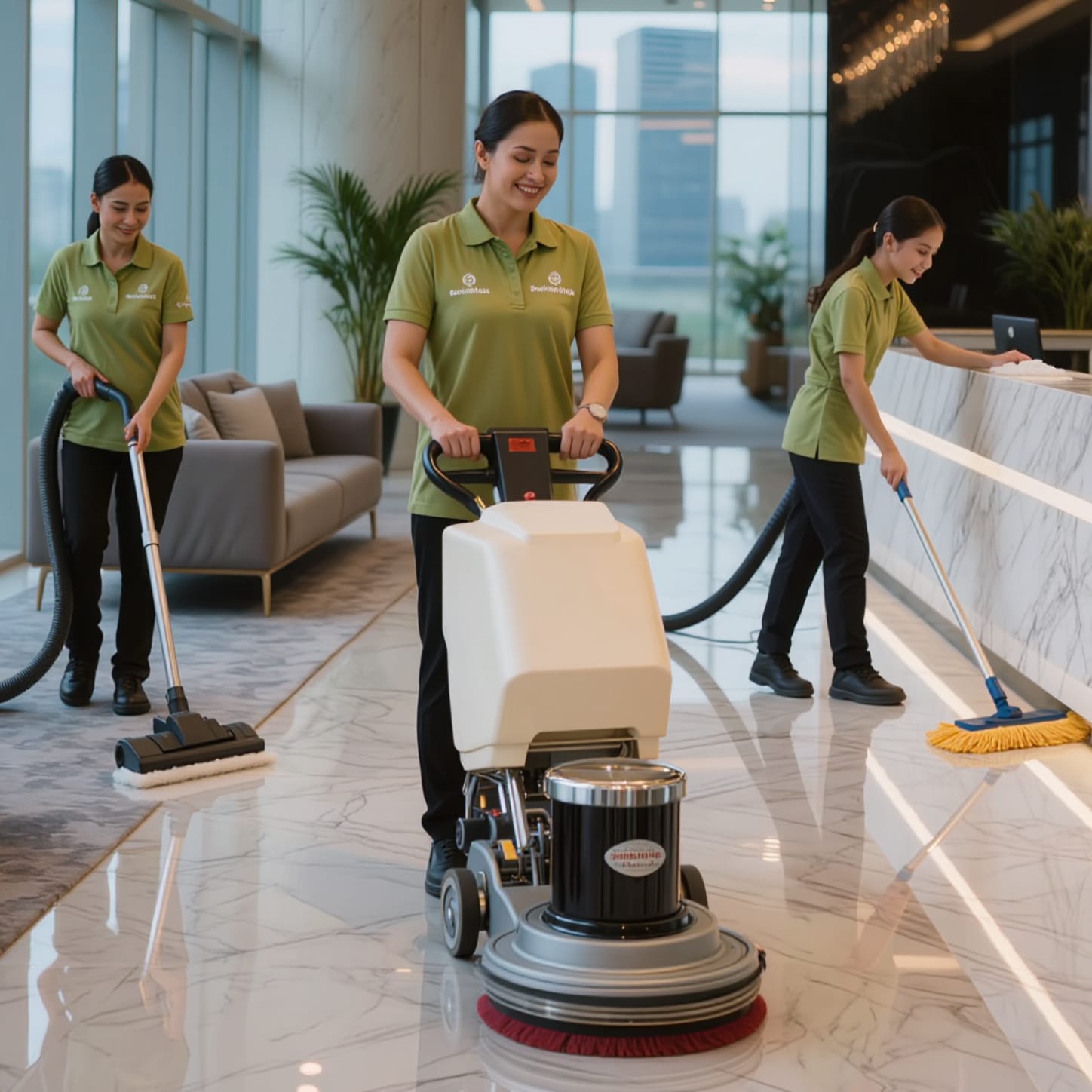 dengan kalimat: Petugas cleaning service BersihBersih58 sedang membersihkan lantai lobi kantor